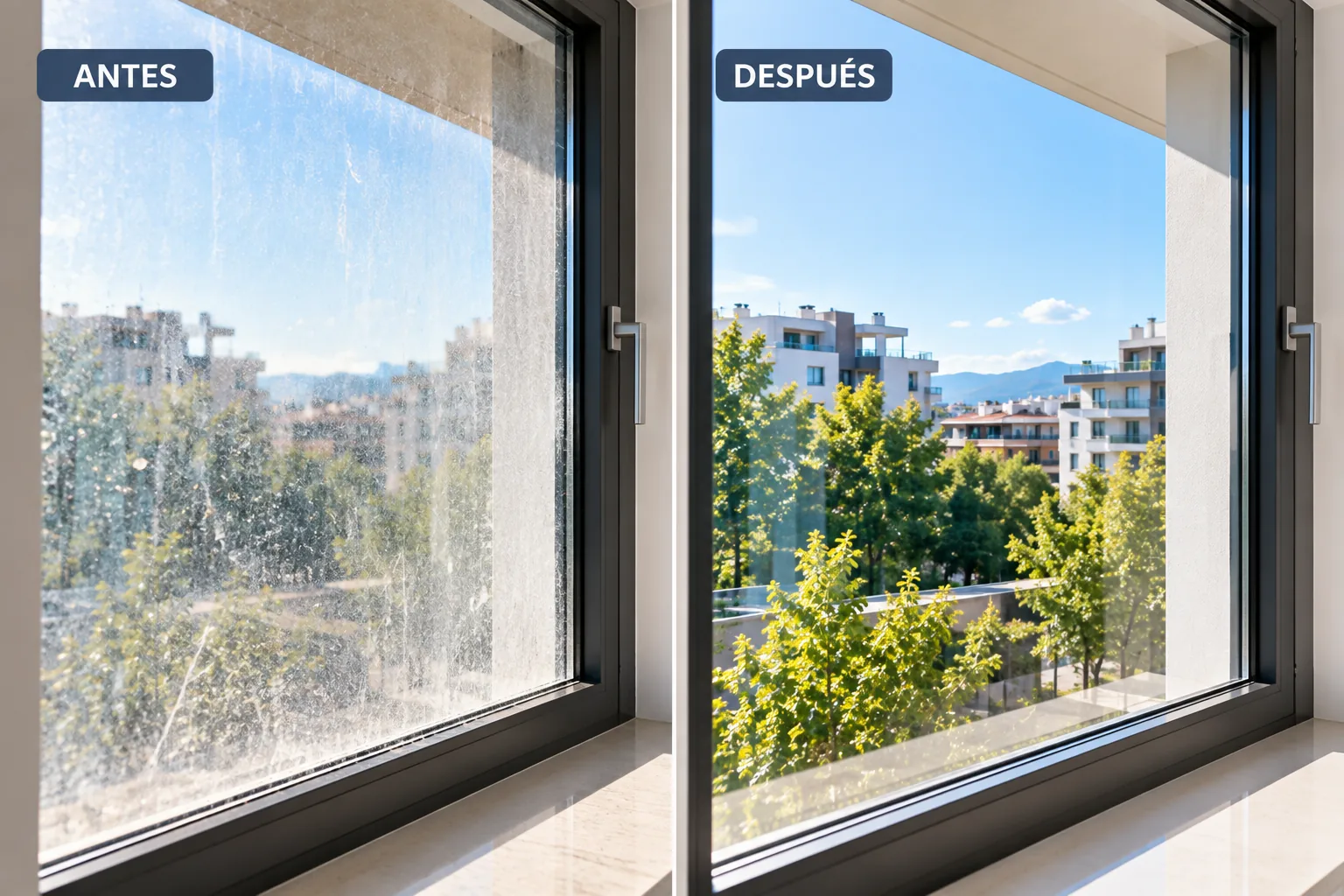 Cristal y ventana despu&eacute;s de una limpieza de fin de obra